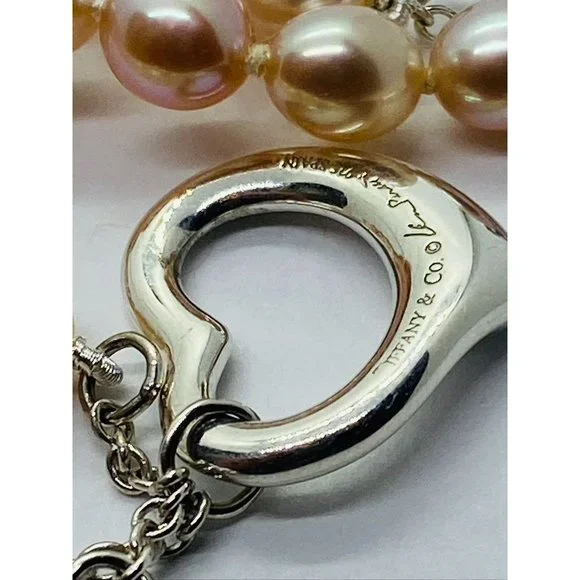 Tiffany & co. Elsa Peretti 3 Row Pink Pearl Heart Silver 925 Bracelet 7.5